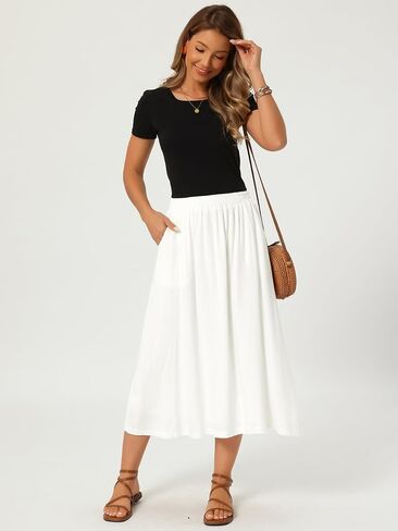 Seta T Women's Linen Skirt Summer Casual Flowy Swing Elastic High Waist A-Line Boho Midi Skirts with Pockets in Kuwait