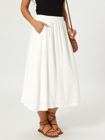 Seta T Women's Linen Skirt Summer Casual Flowy Swing Elastic High Waist A-Line Boho Midi Skirts with Pockets in Kuwait