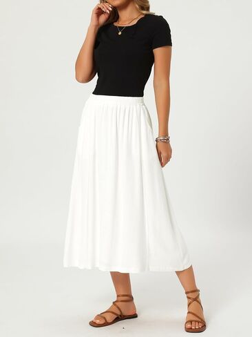 Seta T Women's Linen Skirt Summer Casual Flowy Swing Elastic High Waist A-Line Boho Midi Skirts with Pockets in Kuwait