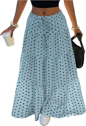 Floerns Women's Polka Dots Flowy Maxi Skirt Y2K Drawstring Waist Tiered Ruffle Going Out Skirts in Kuwait
