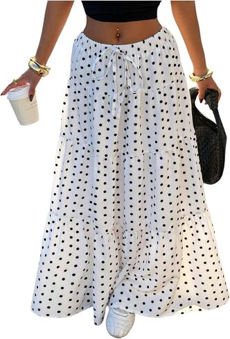 Floerns Women's Polka Dots Flowy Maxi Skirt Y2K Drawstring Waist Tiered Ruffle Going Out Skirts in Kuwait