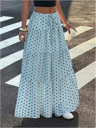 Floerns Women's Polka Dots Flowy Maxi Skirt Y2K Drawstring Waist Tiered Ruffle Going Out Skirts in Kuwait