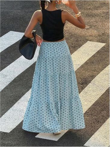 Floerns Women's Polka Dots Flowy Maxi Skirt Y2K Drawstring Waist Tiered Ruffle Going Out Skirts in Kuwait