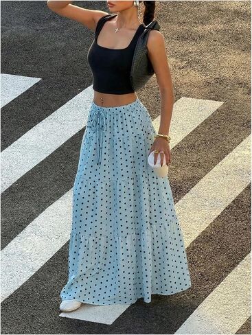 Floerns Women's Polka Dots Flowy Maxi Skirt Y2K Drawstring Waist Tiered Ruffle Going Out Skirts in Kuwait