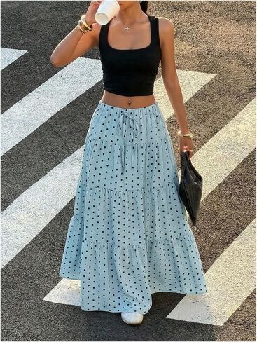 Floerns Women's Polka Dots Flowy Maxi Skirt Y2K Drawstring Waist Tiered Ruffle Going Out Skirts in Kuwait