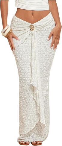 MakeMeChic Women's Beach Ruffle Maxi Skirt Asymmetrical Low Waist Boho Vacation Long Skirts in Kuwait