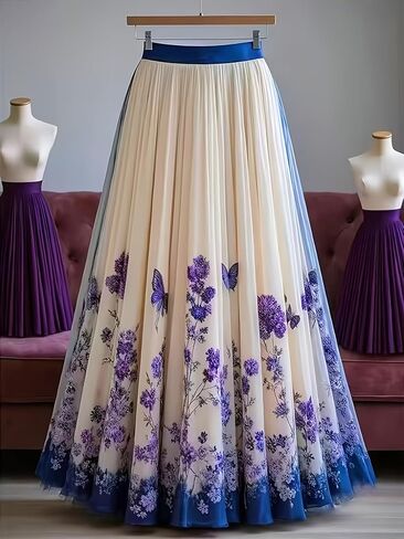 Women's Purple Floral Butterfly Print A-Line Maxi Skirt Elastic High Waist Flowy Tulle Skirt, XS-XXL in Kuwait
