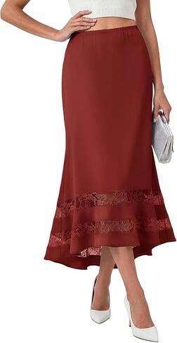 Wenrine Satin Skirts for Women Summer Lace Trim High Low Hem Elastic Waist Elegant Evening Party Long Midi Skirt in Kuwait