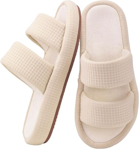 Women's Waffle Knit Open Toe Slippers Twin-Strap Arch Support Memory Foam in Saudi Arabia