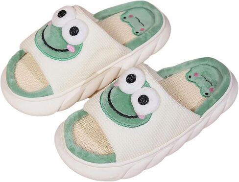 Breathable Linen Animal Slippers 3D Cute Non Slip Thick Sole Indoor House Shoes Women Men Cow Pig Frog in Kuwait