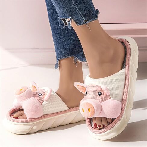 Breathable Linen Animal Slippers 3D Cute Non Slip Thick Sole Indoor House Shoes Women Men Cow Pig Frog in Kuwait