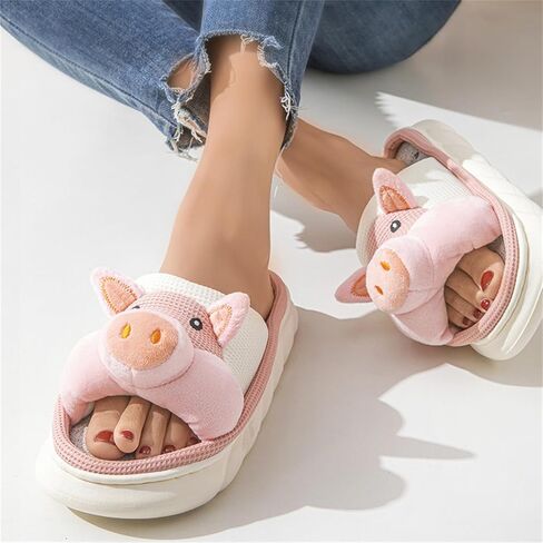 Breathable Linen Animal Slippers 3D Cute Non Slip Thick Sole Indoor House Shoes Women Men Cow Pig Frog in Kuwait