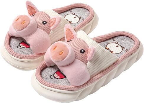 Breathable Linen Animal Slippers 3D Cute Non Slip Thick Sole Indoor House Shoes Women Men Cow Pig Frog in Kuwait