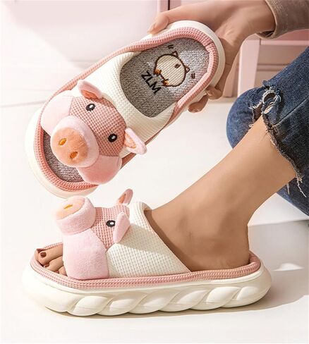 Breathable Linen Animal Slippers 3D Cute Non Slip Thick Sole Indoor House Shoes Women Men Cow Pig Frog in Kuwait