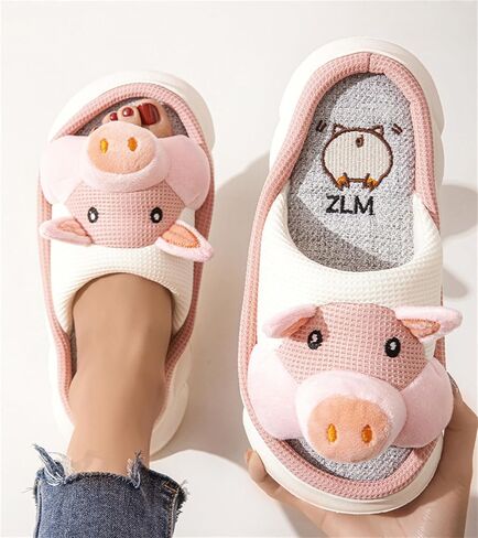 Breathable Linen Animal Slippers 3D Cute Non Slip Thick Sole Indoor House Shoes Women Men Cow Pig Frog in Kuwait