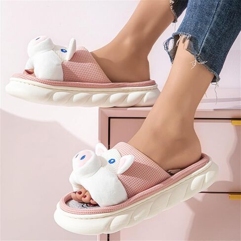 Breathable Linen Animal Slippers 3D Cute Non Slip Thick Sole Indoor House Shoes Women Men Cow Pig Frog in Kuwait