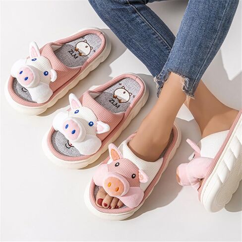 Breathable Linen Animal Slippers 3D Cute Non Slip Thick Sole Indoor House Shoes Women Men Cow Pig Frog in Kuwait