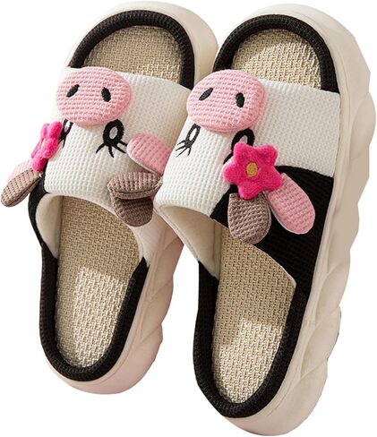 Breathable Linen Animal Slippers 3D Cute Non Slip Thick Sole Indoor House Shoes Women Men Cow Pig Frog in Kuwait