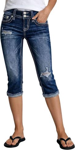 بنطال كابري متوسط ​​الارتفاع للنساء من Flamingals جينز كابري ممزق وقابل للتمدد لرفع المؤخرة من قماش الدنيم in Kuwait
