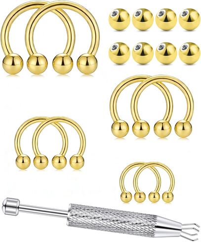 16G Horseshoe Septum Rings 6/8/10/12mm with Tool & Ball Grabber,Hypoallergenic for Nose,Rook,Cartilage,Helix,Lips-Silver Gold 316L Surgical Steel Septum Piercing jewelry in Saudi Arabia