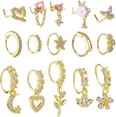 15 Pcs Dangle Nose Ring 20g Gold Dangle Nose Rings Hoop and L Shaped Dangly Nose Studs CZ Heart Flower Moon Nose Piercing Jewelry for Women in Saudi Arabia