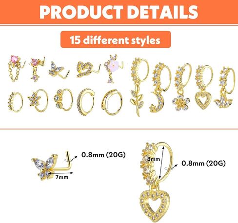 15 Pcs Dangle Nose Ring 20g Gold Dangle Nose Rings Hoop and L Shaped Dangly Nose Studs CZ Heart Flower Moon Nose Piercing Jewelry for Women in Saudi Arabia