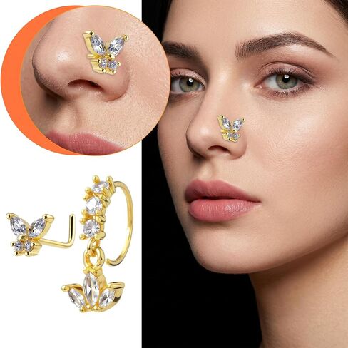 15 Pcs Dangle Nose Ring 20g Gold Dangle Nose Rings Hoop and L Shaped Dangly Nose Studs CZ Heart Flower Moon Nose Piercing Jewelry for Women in Saudi Arabia