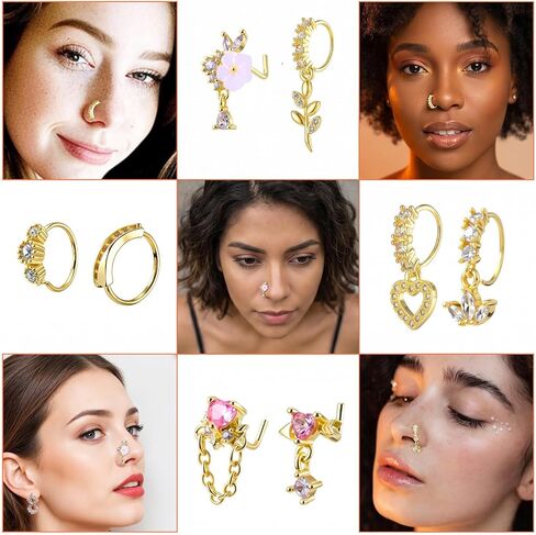 15 Pcs Dangle Nose Ring 20g Gold Dangle Nose Rings Hoop and L Shaped Dangly Nose Studs CZ Heart Flower Moon Nose Piercing Jewelry for Women in Saudi Arabia