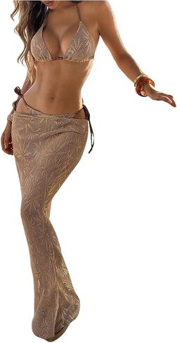 GORGLITTER Women's 3 Piece Swimsuits Crochet Bikini Sets Halter Triangle Bathing Suit with Cover Up Skirt in Kuwait