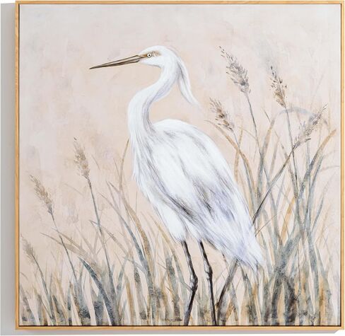 Eonzeun 24x36 Inch Framed Textured Canvas Wall Art, Neutral Tone Serene Coastal Egret Group Painting for Living Room, Bedroom in Saudi Arabia