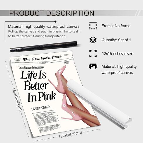 Vintage Funky Newspaper Wall Art Fashion Funny Quote, Life Is Better In Pink Poster Prints Heel Picture for Girly Bedroom Apartment Wall Decor 12x16 inch Unframed in Saudi Arabia