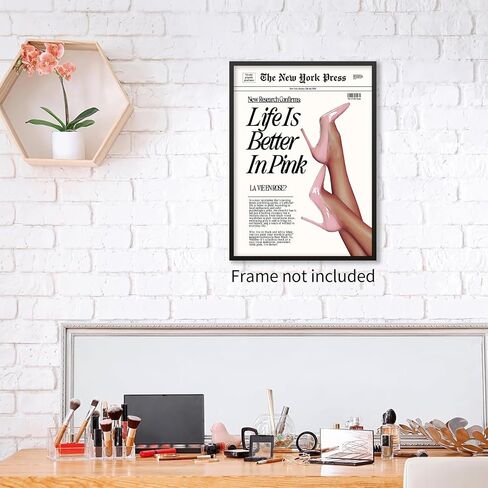 Vintage Funky Newspaper Wall Art Fashion Funny Quote, Life Is Better In Pink Poster Prints Heel Picture for Girly Bedroom Apartment Wall Decor 12x16 inch Unframed in Saudi Arabia