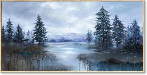Eonzeun 24x48 Inch Framed Textured Canvas Wall Art, Modern Neutral Misty Pine Large Forest Lake Landscape Painting for Living Room, Bedroom in Saudi Arabia