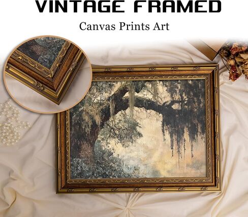 Vintage Gold Framed Vintage Oak Tree Wall Art Retro Landscape Canvas Wall Decor Oak Tree Moss Artwork Picture Retro Rustic Tree Poster Print for Home Living Bedroom Farmhouse Hallway in Kuwait