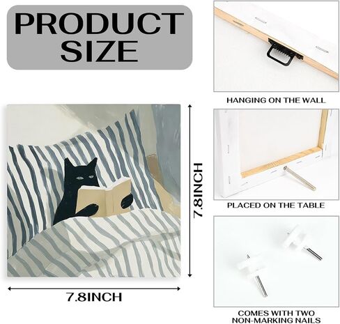 Cat Reading Poster Wall Art Canvas Poster Painting - Retro Cat Wall Art Bathroom Decorations for Kitchen Home Bedroom Living Room 7.8 x 7.8 Inch in Saudi Arabia