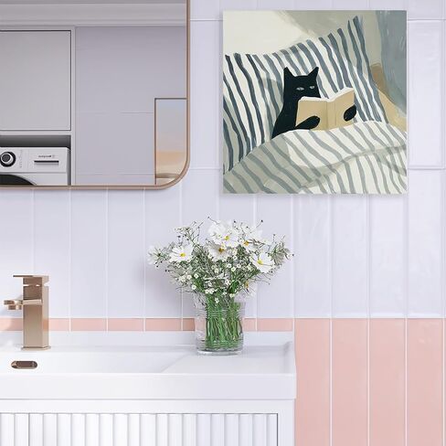 Cat Reading Poster Wall Art Canvas Poster Painting - Retro Cat Wall Art Bathroom Decorations for Kitchen Home Bedroom Living Room 7.8 x 7.8 Inch in Saudi Arabia