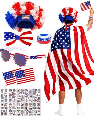 USA 250th Anniversary 4th of July Costume Set - 21Pcs Patriotic Accessories - American Flag Cape, Red White & Blue Wig, Glasses, Bow Tie & Temporary Tattoos for Men Women USA Sports Cheering in Saudi Arabia