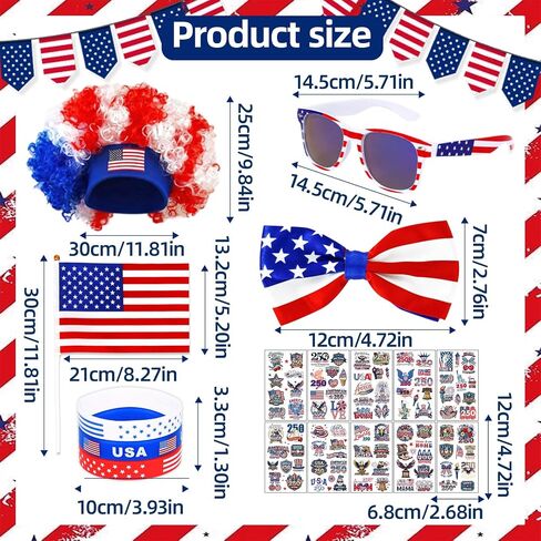 USA 250th Anniversary 4th of July Costume Set - 21Pcs Patriotic Accessories - American Flag Cape, Red White & Blue Wig, Glasses, Bow Tie & Temporary Tattoos for Men Women USA Sports Cheering in Saudi Arabia