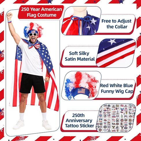 USA 250th Anniversary 4th of July Costume Set - 21Pcs Patriotic Accessories - American Flag Cape, Red White & Blue Wig, Glasses, Bow Tie & Temporary Tattoos for Men Women USA Sports Cheering in Saudi Arabia