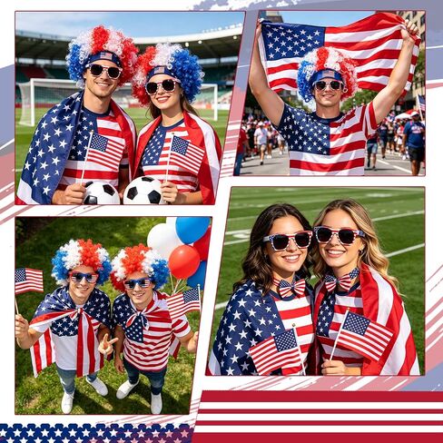 USA 250th Anniversary 4th of July Costume Set - 21Pcs Patriotic Accessories - American Flag Cape, Red White & Blue Wig, Glasses, Bow Tie & Temporary Tattoos for Men Women USA Sports Cheering in Saudi Arabia