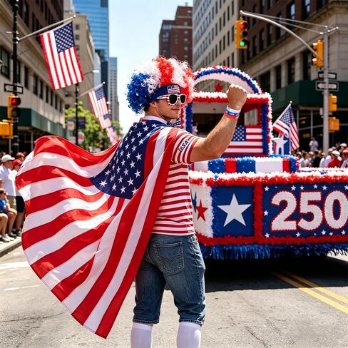 USA 250th Anniversary 4th of July Costume Set - 21Pcs Patriotic Accessories - American Flag Cape, Red White & Blue Wig, Glasses, Bow Tie & Temporary Tattoos for Men Women USA Sports Cheering in Saudi Arabia