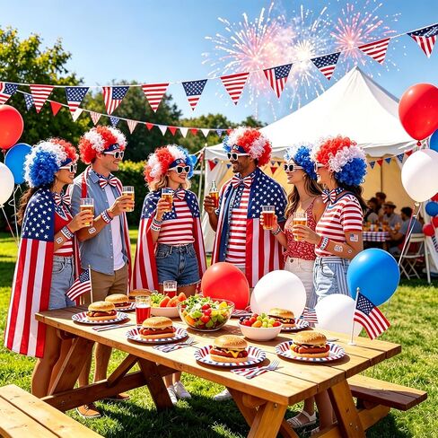 USA 250th Anniversary 4th of July Costume Set - 21Pcs Patriotic Accessories - American Flag Cape, Red White & Blue Wig, Glasses, Bow Tie & Temporary Tattoos for Men Women USA Sports Cheering in Saudi Arabia