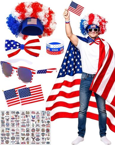 USA 250th Anniversary 4th of July Costume Set - 21Pcs Patriotic Accessories - American Flag Cape, Red White & Blue Wig, Glasses, Bow Tie & Temporary Tattoos for Men Women USA Sports Cheering in Saudi Arabia