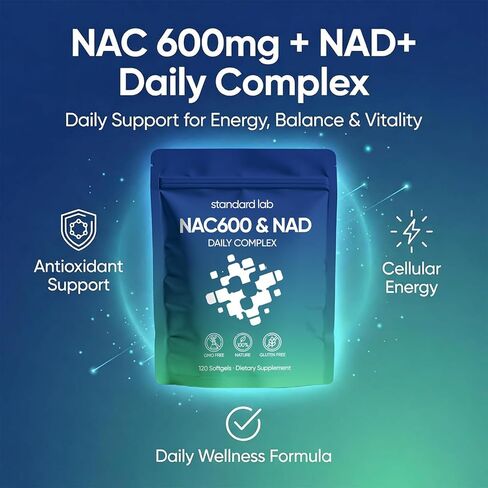 Standard Lab NAC 600mg & NAD+ Daily Complex Capsules, NAC Supplement with NAD for Antioxidant, Cellular Energy and Immune Support, Daily Wellness Formula, Non-GMO, Gluten Free, 120 Softgels in Saudi Arabia