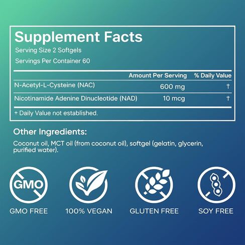 Standard Lab NAC 600mg & NAD+ Daily Complex Capsules, NAC Supplement with NAD for Antioxidant, Cellular Energy and Immune Support, Daily Wellness Formula, Non-GMO, Gluten Free, 120 Softgels in Saudi Arabia