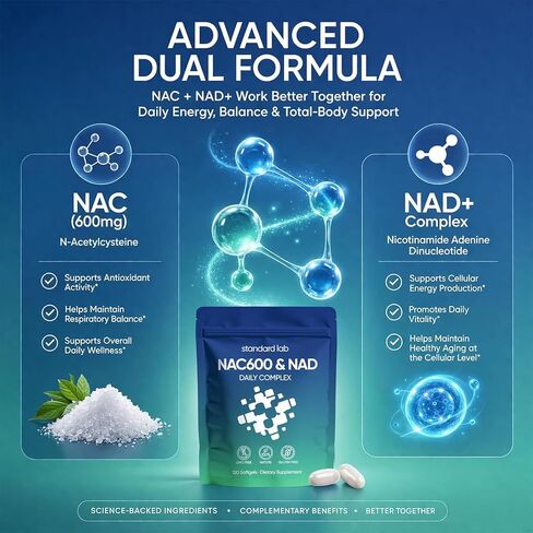 Standard Lab NAC 600mg & NAD+ Daily Complex Capsules, NAC Supplement with NAD for Antioxidant, Cellular Energy and Immune Support, Daily Wellness Formula, Non-GMO, Gluten Free, 120 Softgels in Saudi Arabia