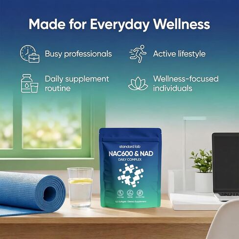 Standard Lab NAC 600mg & NAD+ Daily Complex Capsules, NAC Supplement with NAD for Antioxidant, Cellular Energy and Immune Support, Daily Wellness Formula, Non-GMO, Gluten Free, 120 Softgels in Saudi Arabia