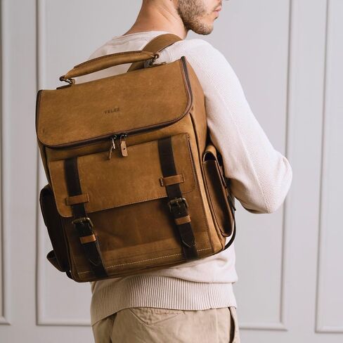 VELEZ Top Grain Leather Backpack for Men and Women - 15.6 Inch Laptop Bag - Brown Designer Leather Bookbag - Vintage Business Leather Travel Backpack Casual Shoulder Bags in Saudi Arabia