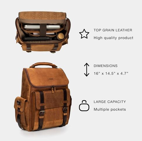 VELEZ Top Grain Leather Backpack for Men and Women - 15.6 Inch Laptop Bag - Brown Designer Leather Bookbag - Vintage Business Leather Travel Backpack Casual Shoulder Bags in Saudi Arabia