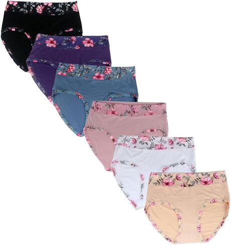 Women's High Waisted Cotton Brief Underwear, Floral Print, Plus Size, 6 Pack in Kuwait